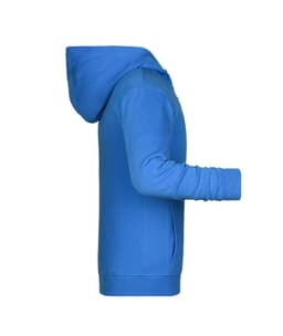 A blue children's zip hoodie with a hood and long sleeves, featuring a side view. It has a logo on it.