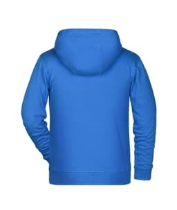 A blue children's zip hoodie with a hood, showing the back view and a fitted design.