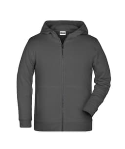 A grey children's zip hoodie with a hood and front pockets. It has a logo on the chest area.