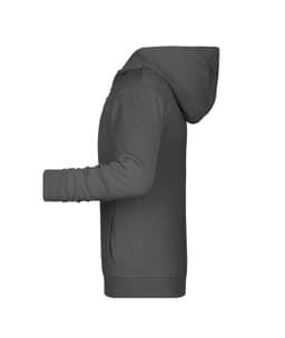 A grey children's zip hoodie with a hood and side pockets, featuring a logo on the front.
