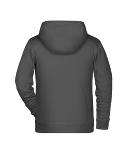 A grey children's zip hoodie featuring a spacious hood and a logo on the back. Ideal for casual wear.