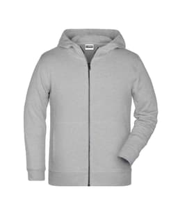 A grey children's zip hoodie with a front zipper and a hood, featuring long sleeves and a classic fit.