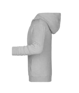 A grey children's zip hoodie with a hood, featuring long sleeves and side pockets. It has a logo.