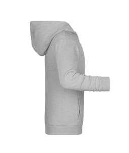 A grey children's zip hoodie displayed from the side, featuring a hood and long sleeves.