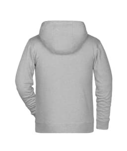 A children's zip hoodie in grey, featuring a hood and a back view design. It has a logo on it.