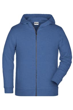 A blue zip hoodie features a front zip closure and a hood, designed for children. The garment has a logo on the label.