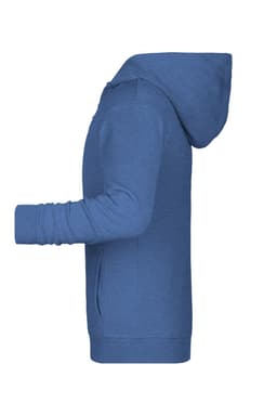 A blue children's zip hoodie with a front pocket and a hood, featuring a logo on the front.
