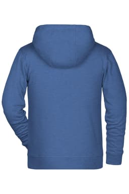 A blue children's zip hoodie featuring a hood and long sleeves, with a logo on the back.