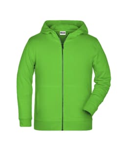 A children's zip hoodie in vibrant green with a front zipper and a hood. Features include long sleeves and a logo.