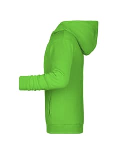 A bright green children's zip hoodie with a hood and front pockets. It features long sleeves and a side view.