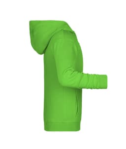 A bright green children's zip hoodie with a hood and long sleeves, featuring a logo on the chest.