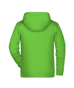 A bright green children's zip hoodie with a hood, featuring a plain back design.