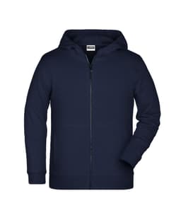 A navy children's zip hoodie featuring a front zipper and a hood, with long sleeves and a relaxed fit.