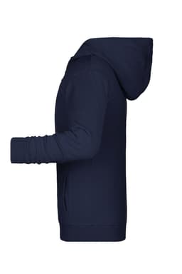 A navy children's zip hoodie with a hood, showcasing a side view and featuring a logo.