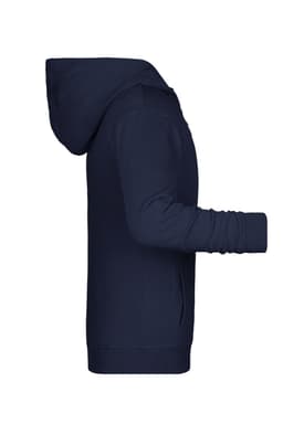 A navy children's zip hoodie with a hood and long sleeves. It features a logo on the front.