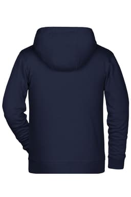 A children's zip hoodie in navy blue, featuring long sleeves and a hood, with a simple design and a brand logo.
