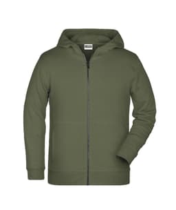 A children's zip hoodie in olive green with a full zip and hood. Features a logo on the front.