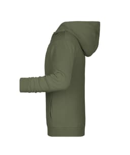 A children's zip hoodie in olive green with a hood and side pockets. It features a logo on the chest.