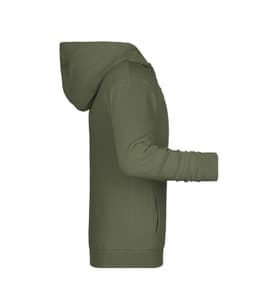 A green children's zip hoodie with a hood and side pockets, featuring a logo.