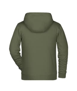 A children's zip hoodie in olive green, featuring a hood and a smooth back design. It has a logo on the fabric.