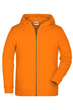 An orange children's zip hoodie with a front zip and a hood, featuring a logo on the chest.