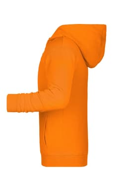 An orange children's zip hoodie displayed from a side view, featuring a hood and front pockets.