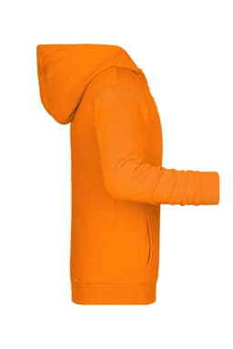 An orange children's zip hoodie featuring a hood and long sleeves, with a logo on the front.