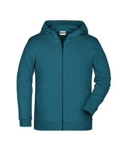 A teal zip hoodie for children featuring a hood and front pockets. It includes a logo on the label.