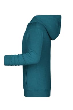 A teal children's zip hoodie featuring a hood, long sleeves, and a side pocket. It has a logo on one side.