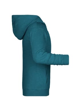 A teal children's zip hoodie featuring a hood and long sleeves, showcased from a side view.