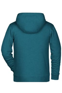 A children's zip hoodie in a teal colour, featuring a large hood and a plain back design. It includes a branding logo.
