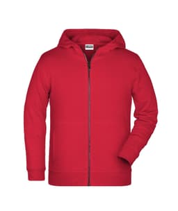 A red children's zip hoodie with a front zipper and a hood. The garment features long sleeves and a logo.