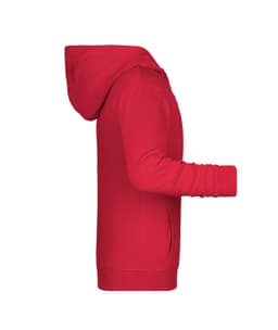 A red children's zip hoodie featuring a hood and long sleeves, with side pockets. It includes a logo on the front.