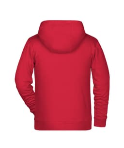 A red children's zip hoodie with a hood, featuring a solid back design. The fabric appears soft and suitable for casual wear.