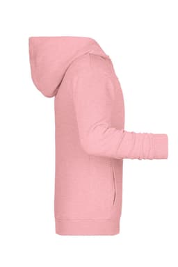 A pink children's zip hoodie with a hood, featuring long sleeves and side pockets.