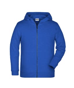 A blue children's zip hoodie featuring a front zipper and hood, with long sleeves and a branded label.