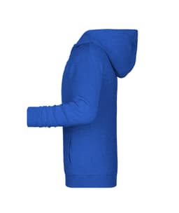 A blue children's zip hoodie featuring a hood and long sleeves, with an accompanying logo.