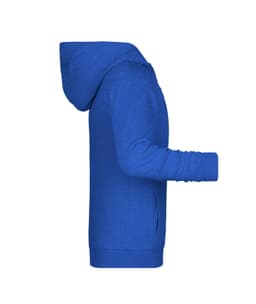 A blue children's zip hoodie featuring a kangaroo pocket and a hood, with a subtly integrated logo.