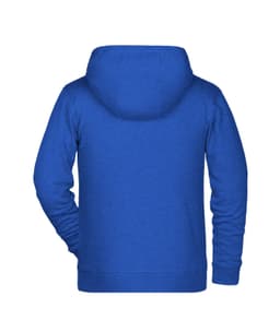 A blue children's zip hoodie featuring a hood and long sleeves, with a logo on the back.