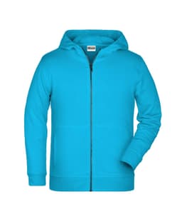 A children's zip hoodie in bright turquoise with a front zip and hood. Features long sleeves and a logo on the label.