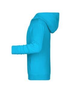 A bright blue children's zip hoodie featuring a hood and side pockets, with a logo on the front.