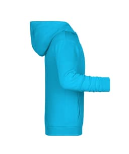 A bright turquoise children's zip hoodie with a hood and long sleeves, featuring a side view.