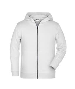 A white children's zip hoodie featuring a zip front and a comfortable hood. The design includes a logo.