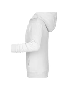 A white children's zip hoodie with a hood and long sleeves, featuring side pockets and a simple design.
