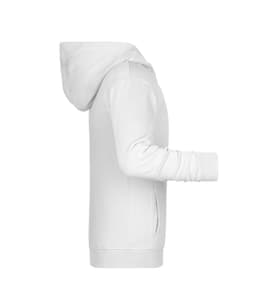 A white children's zip hoodie with long sleeves and a hood, featuring a side pocket and a simple design.