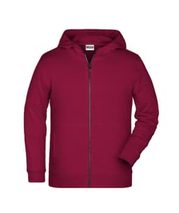 A children's zip hoodie in a rich burgundy colour, featuring a hood and zip closure. It has a subtle logo.