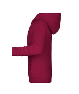 A children's zip hoodie in burgundy, featuring a hood and long sleeves. It has a logo on the front.