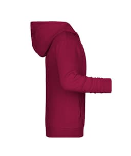 A children's zip hoodie in a vibrant raspberry red, featuring a hood and long sleeves. It has a logo on it.
