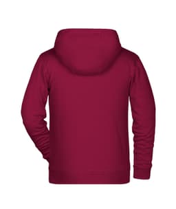 A maroon children's zip hoodie with a hood and long sleeves, featuring a plain back design.