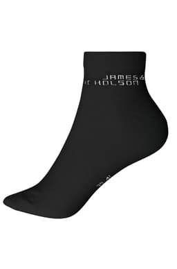 A pair of black organic sneaker socks with a branding logo on the side.